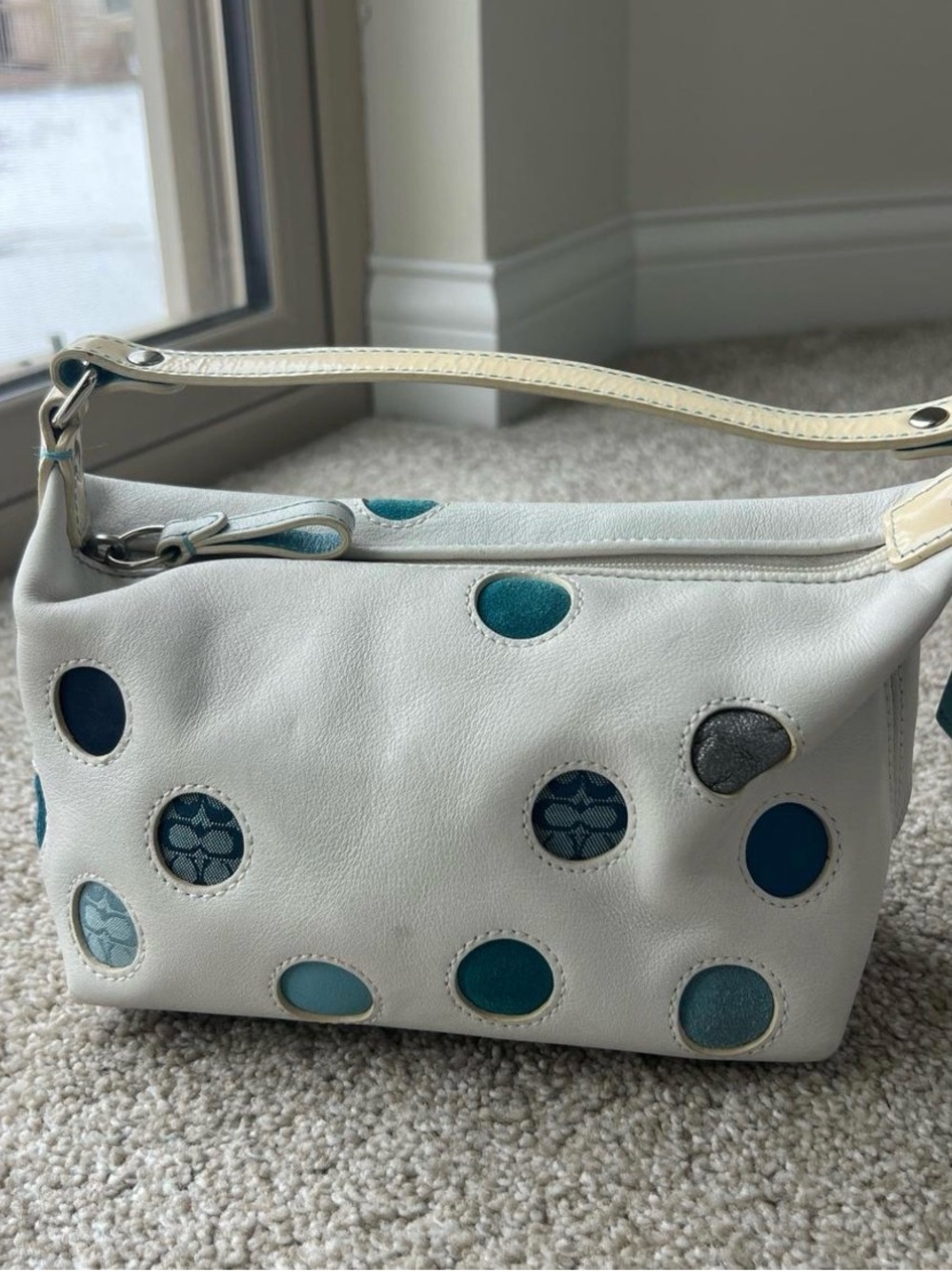 Coach White Leather Mini Shoulder Bag with Blue Polka Dot Insets